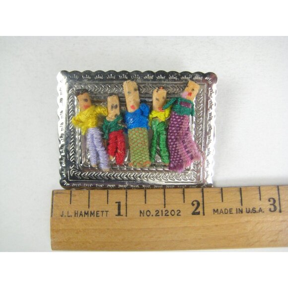 Guatemalan Worry Doll Brooch Pin Handmade Colorful 2 in Metal Rectangular Frame - Picture 2 of 3